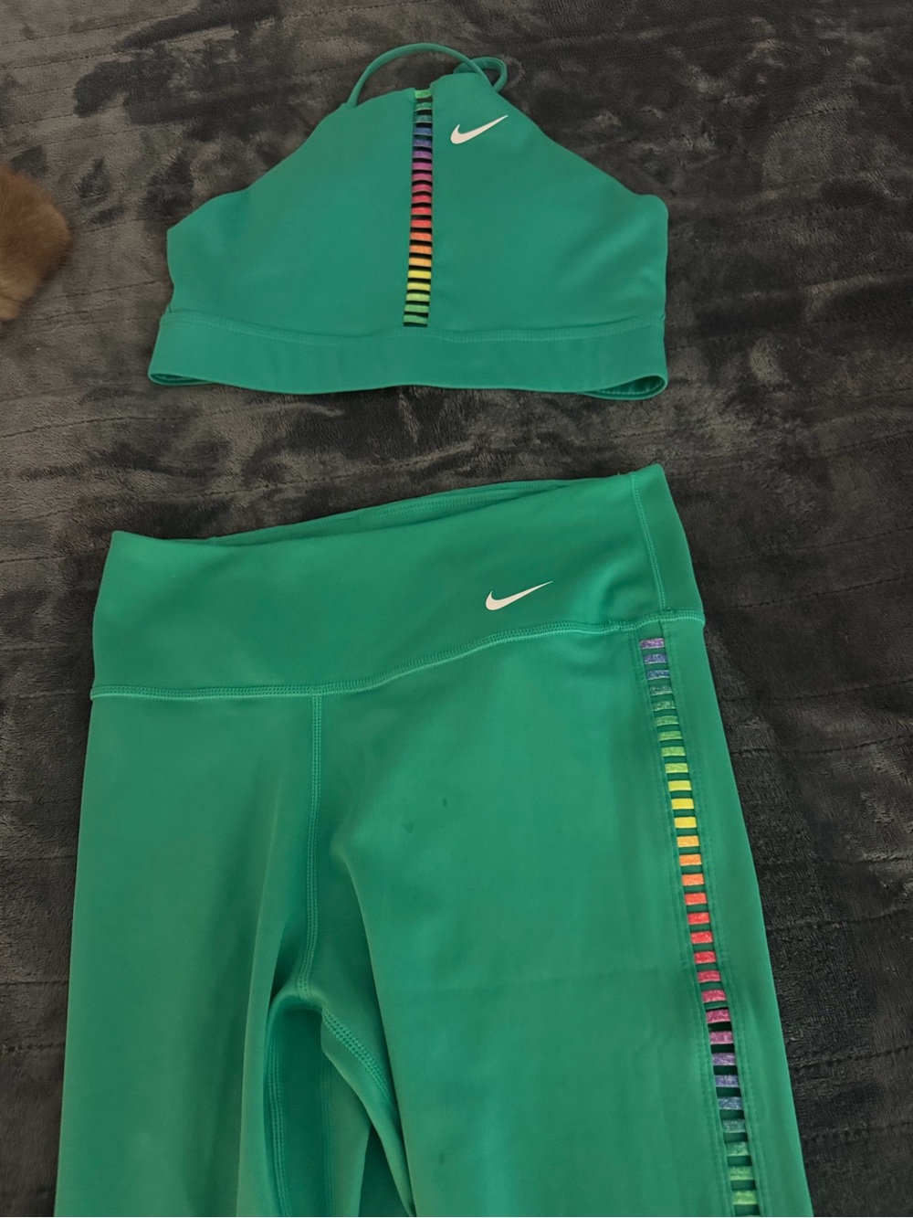 Nike Green Halter Sports Bra and High-Waist Leggings with Rainbow Trim
